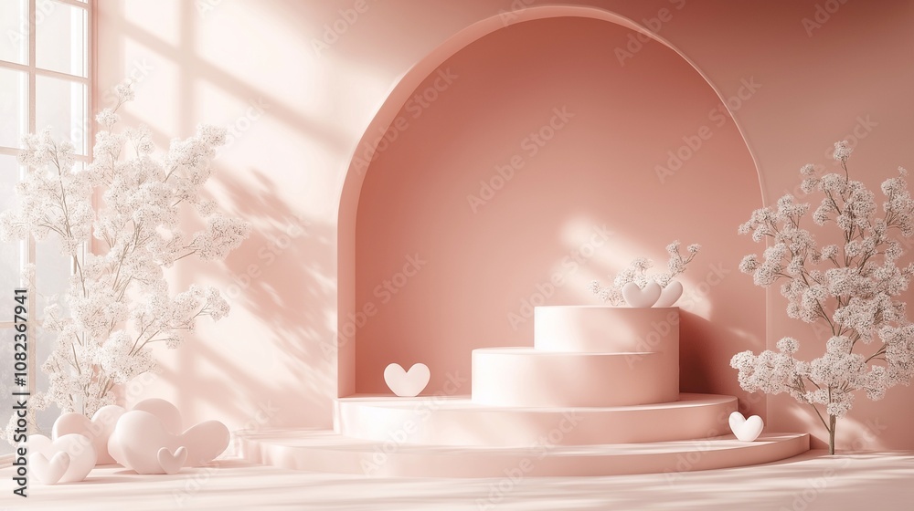 A podium decorated with heart, by soft floral accents and illuminated by romantic lighting on pastel pink background, elegant space for Valentine’s Day product showcase, love and passion A podium decorated with heart, by soft floral accents and illuminated by romantic lighting on pastel pink background, elegant space for Valentine’s Day product showcase, love and passion