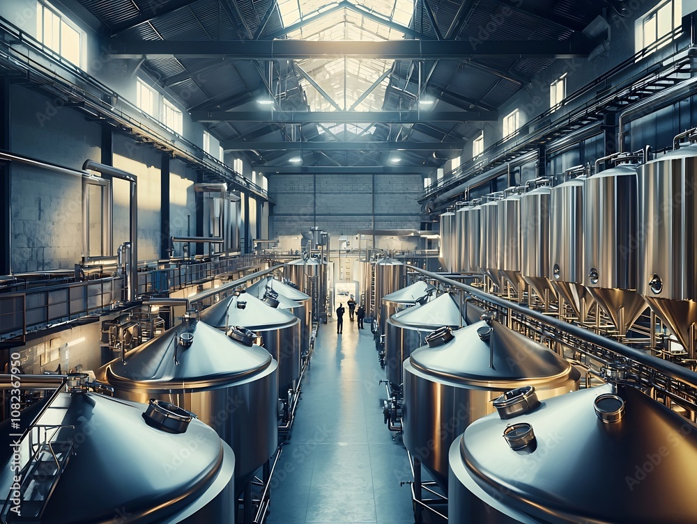 Obraz premium Massive Brewery with Rows of Steel Fermentation Vats and Workers Monitoring Beer Making Process