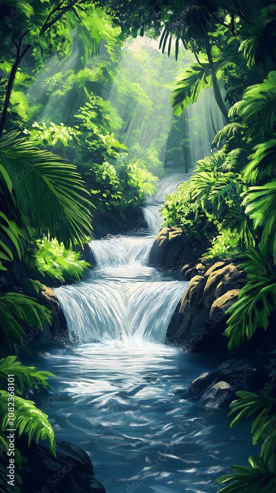 Lush Jungle Waterfall Paradise with Sunlight Lush Jungle Waterfall Paradise with Sunlight