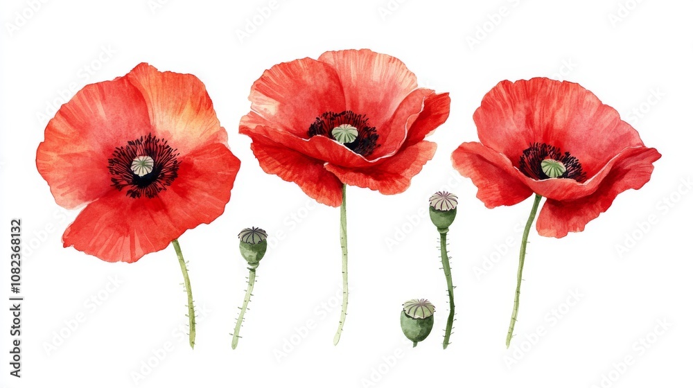 Obraz premium Watercolor red poppies illustration on a white background, ideal for nature-themed designs.