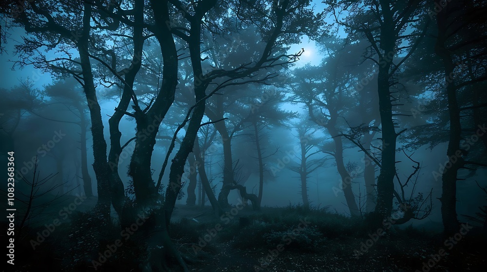 A mysterious forest shrouded in fog, creating an eerie and atmospheric scene. A mysterious forest shrouded in fog, creating an eerie and atmospheric scene.