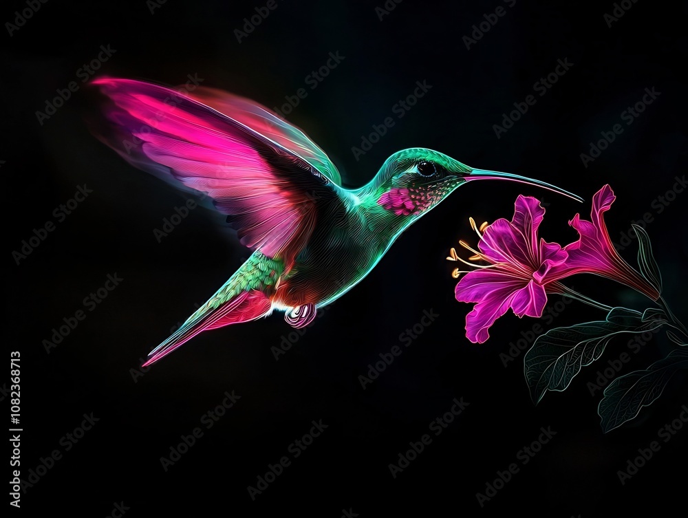 Naklejka premium Neon Hummingbird Hovering Over Glowing Flower on Dark Background with Copy Space