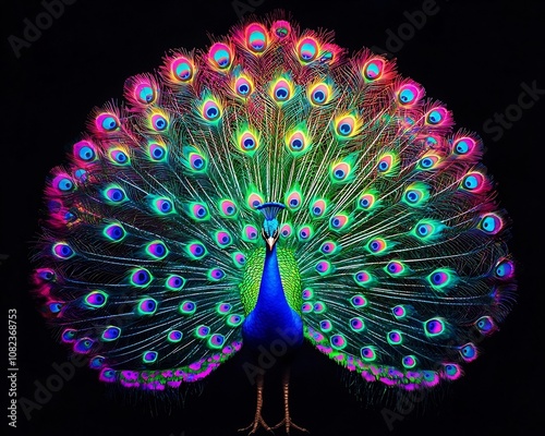 Neon Peacock s Radiant Feathers Shimmering in the Dark