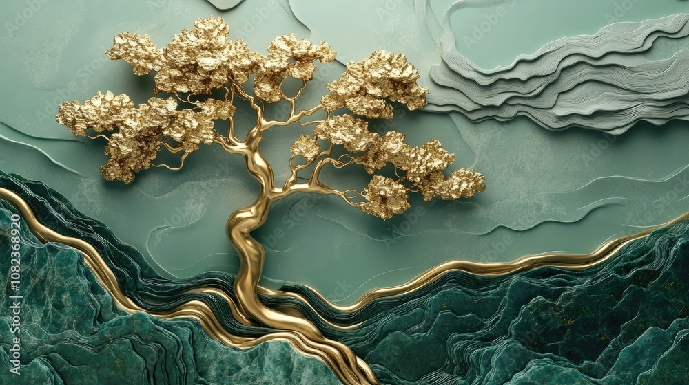 Golden Tree Against Textured Green Background with Flowing Layers and Organic Shapes, Creating a Stunning Visual Harmony of Nature and Artistry Golden Tree Against Textured Green Background with Flowing Layers and Organic Shapes, Creating a Stunning Visual Harmony of Nature and Artistry