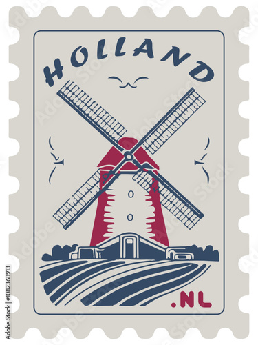 Charming Dutch Windmill Stamp - Iconic Holland Imagery