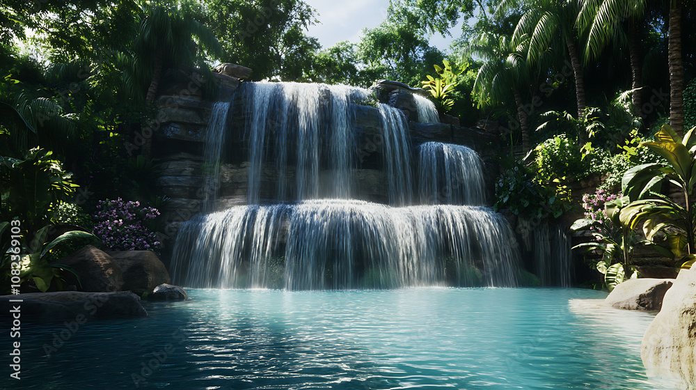 Naklejka premium A breathtaking view of a multi-tiered waterfall pouring into a large natural swimming pool, creating a relaxing atmosphere 