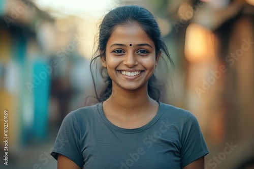 Free Download Smiling Young Indian Woman in Outdoor Setting - GFXLoad