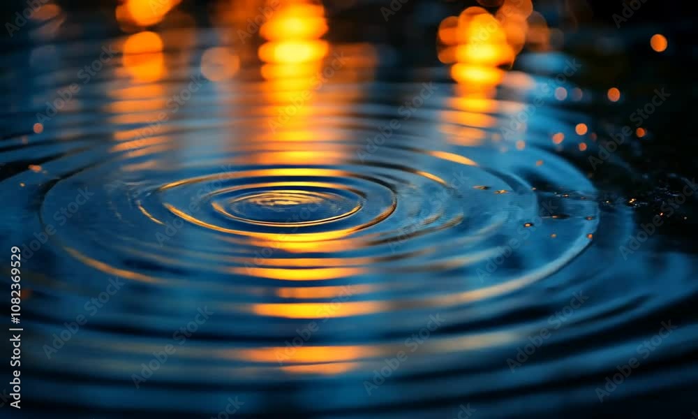 Closeup of ripples in blue water with blurred orange bokeh lights.