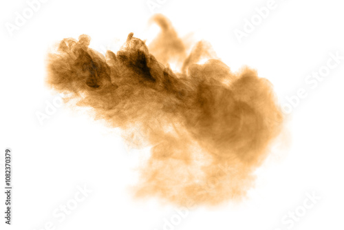 Golden and brown sand dust like smoke swirling in a bomb storm, spraying in the air as colorful lumps on a black and white background.