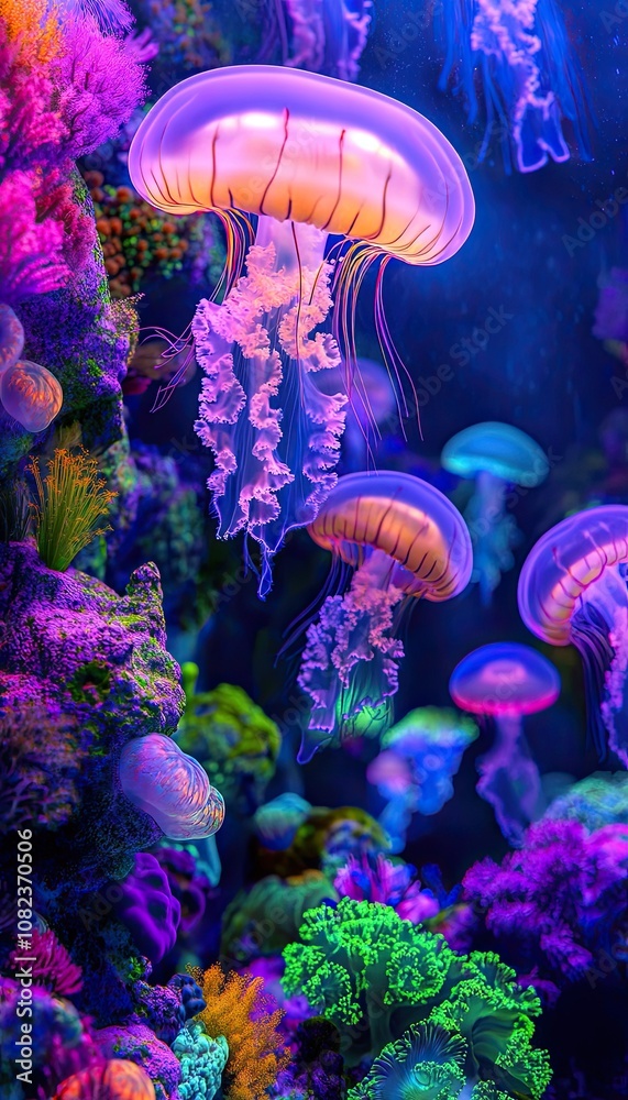 Obraz premium Surreal underwater world with glowing jellyfish and colorful coral in vivid purples, blues, and greens