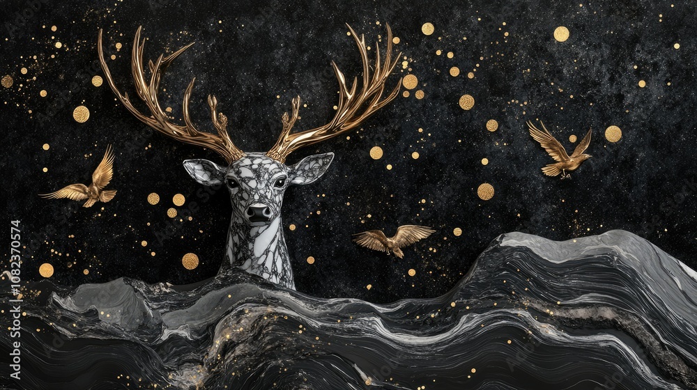 Majestic Deer Surrounded by Ethereal Waves and Golden Accents, Capturing the Essence of Nature's Beauty in an Enigmatic Artistic Representation Majestic Deer Surrounded by Ethereal Waves and Golden Accents, Capturing the Essence of Nature's Beauty in an Enigmatic Artistic Representation