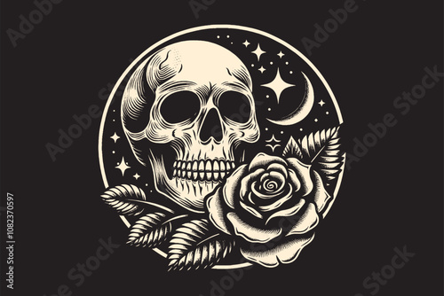  Skull and rose. Black and white vector vintage engraving, emblem,  tattoo sketch illustration