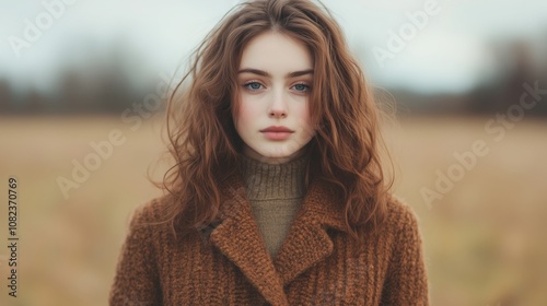 Outdoor autumn portrait of a young woman with wavy hair in a cozy brown coat, capturing warmth and natural beauty in a serene field setting.