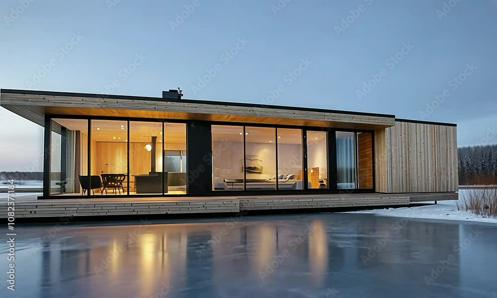 Scandinavian home with a simple, clean facade and large windows, overlooking a frozen lake and snowy pine trees Scandinavian home with a simple, clean facade and large windows, overlooking a frozen lake and snowy pine trees