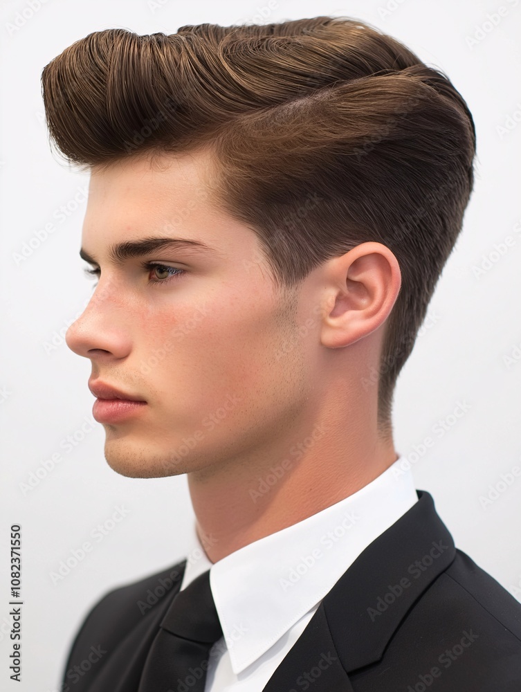 Classic Pompadour Hairstyle on Male Model with Tailored Suit, Showcasing Perfectly Styled Hair for Professional or Fashion Photography Classic Pompadour Hairstyle on Male Model with Tailored Suit, Showcasing Perfectly Styled Hair for Professional or Fashion Photography