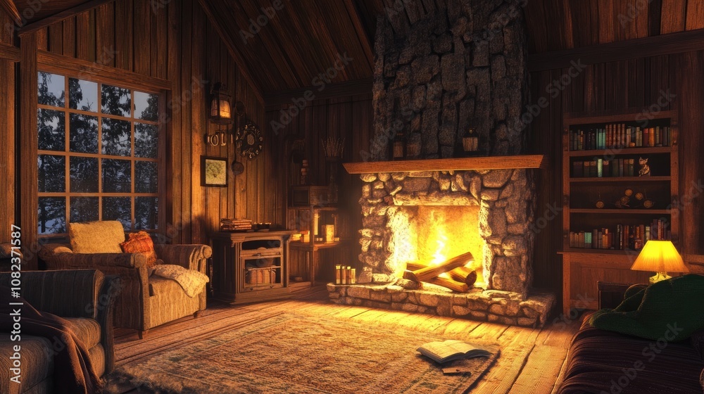 Cozy wooden cabin interior with warm fireplace, plush seating, and bookshelves, creating a serene atmosphere perfect for relaxation and winter retreats Cozy wooden cabin interior with warm fireplace, plush seating, and bookshelves, creating a serene atmosphere perfect for relaxation and winter retreats