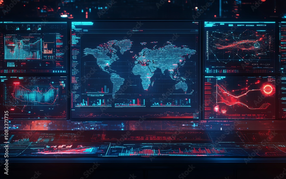 Futuristic control room with multiple screens tracking global operations, advanced data monitoring, hightech equipment, digital maps and interfaces, realtime global overview Futuristic control room with multiple screens tracking global operations, advanced data monitoring, hightech equipment, digital maps and interfaces, realtime global overview