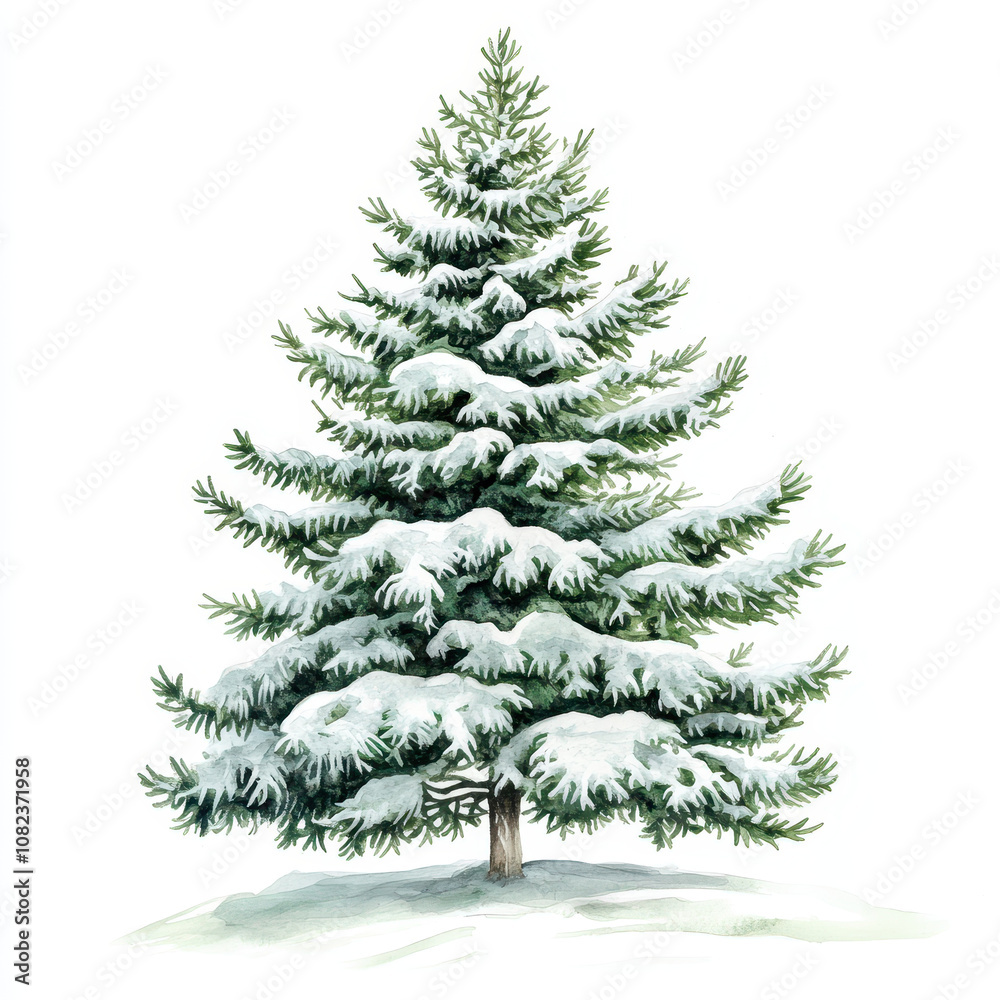 Obraz premium snow covered pine tree stands tall in winter landscape, showcasing its lush green branches adorned with thick layer of white snow. This serene scene captures beauty of winter