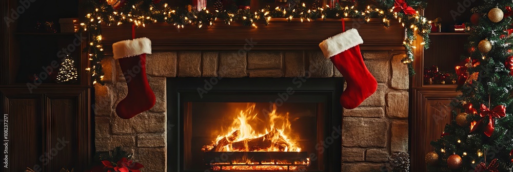 Cozy Christmas Fireplace with Stocking and Decor Cozy Christmas Fireplace with Stocking and Decor