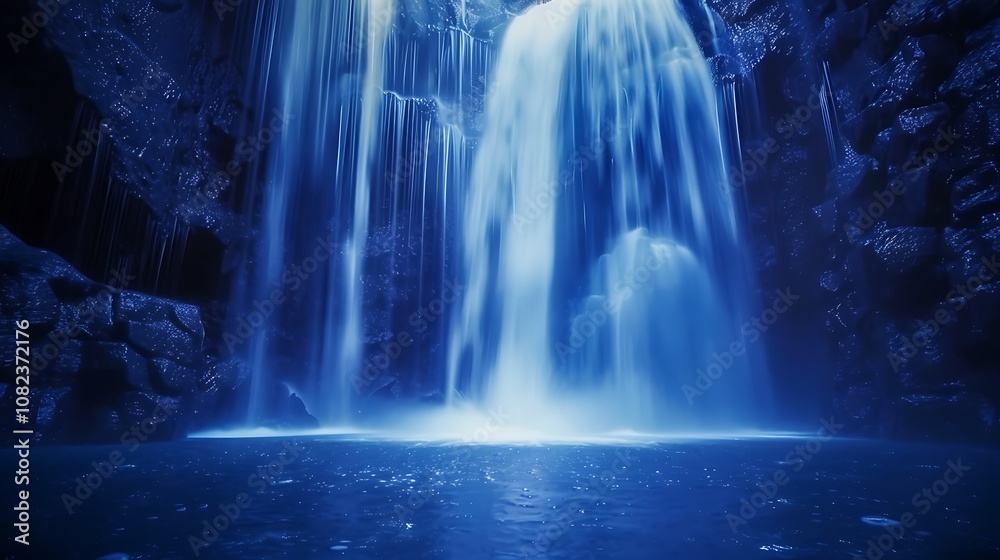 A serene waterfall cascading into a tranquil pool, surrounded by dark rock formations, evoking a peaceful ambiance. A serene waterfall cascading into a tranquil pool, surrounded by dark rock formations, evoking a peaceful ambiance.
