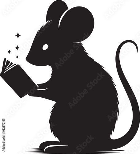 Silhouette of a mouse reading a tiny book very focused