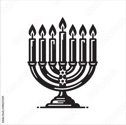 A stylized menorah, a symbol of light and hope for Hanukkah celebrations. A striking black and white vector illustration of a nine-branched menorah (Hanukkiah) with lit candles, a traditional symbol.