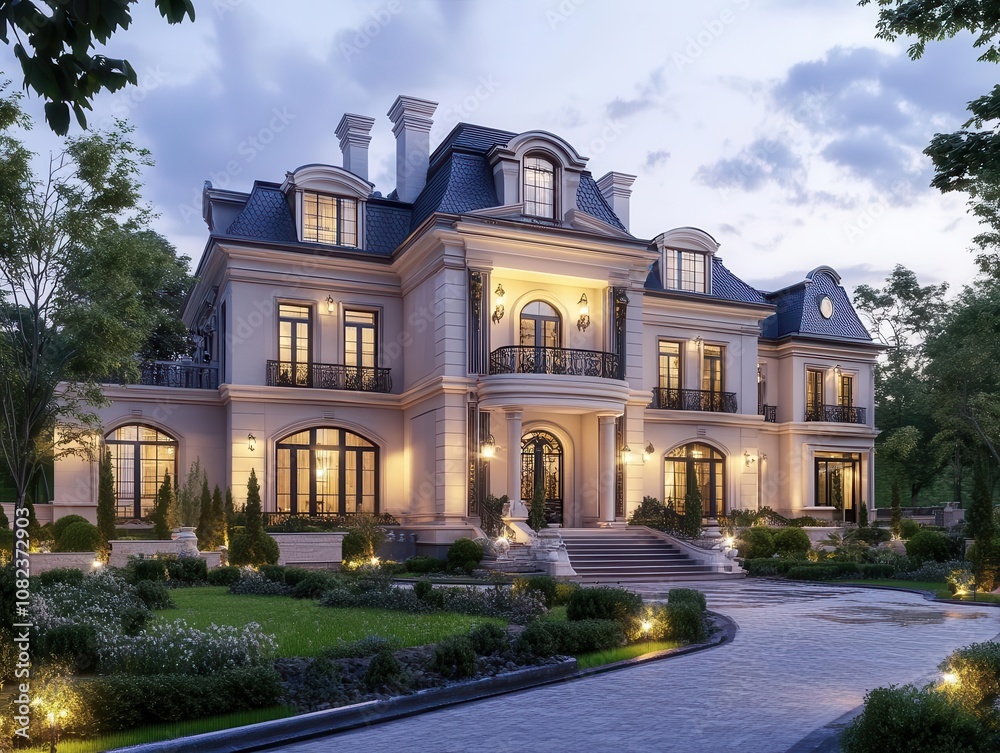 luxury mansion with classic architecture, grand entrance, and elegant gardens, bathed in soft evening light, showcasing timeless beauty and opulence luxury mansion with classic architecture, grand entrance, and elegant gardens, bathed in soft evening light, showcasing timeless beauty and opulence