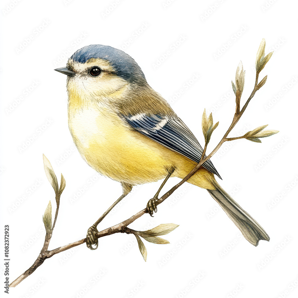 Obraz premium small bird perched on branch, showcasing vibrant blue and yellow feathers. This charming illustration captures essence of nature and wildlife beautifully