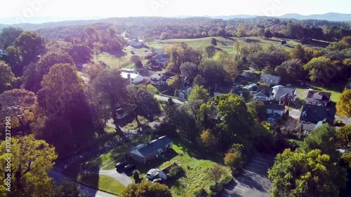 Drone flying over the houses near to St Marks Episcopal Church in Fincastle, Botetourt, VA, USA photo