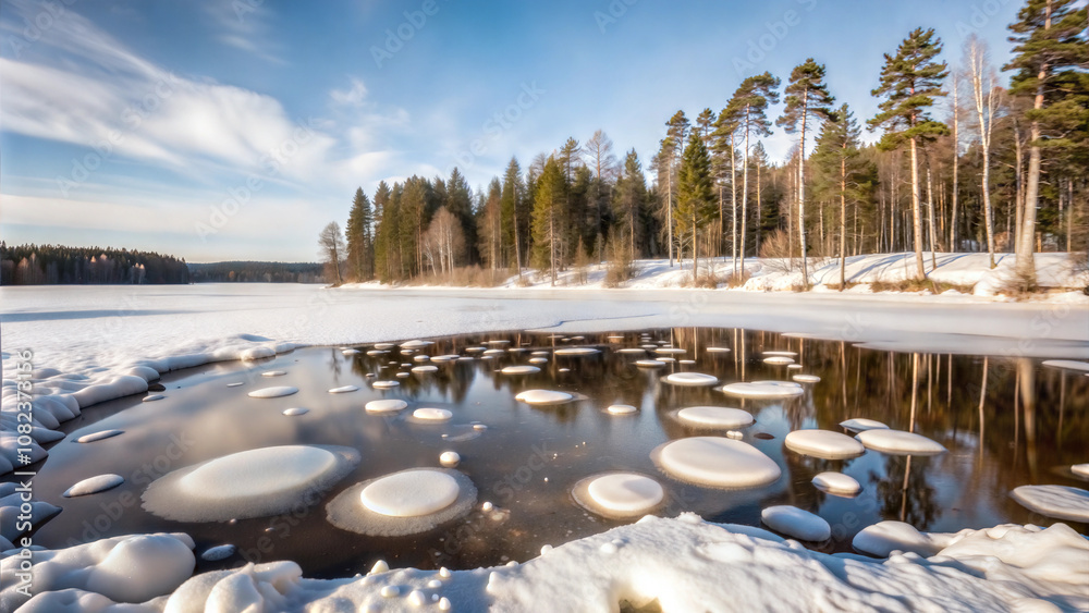 Round ice formations on frozen lake with snowy forest and clear winter sky Round ice formations on frozen lake with snowy forest and clear winter sky