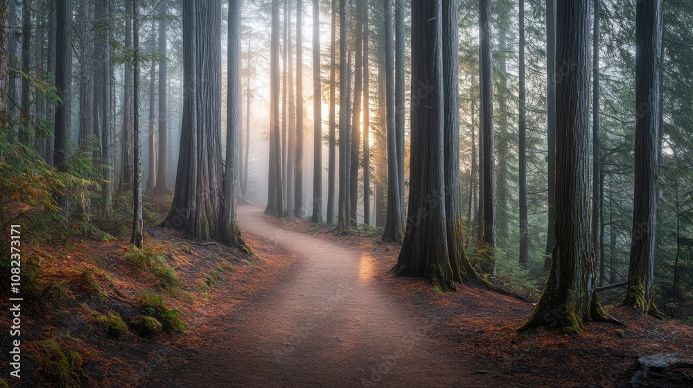 Obraz premium Sunlit Pathway Through a Foggy Forest