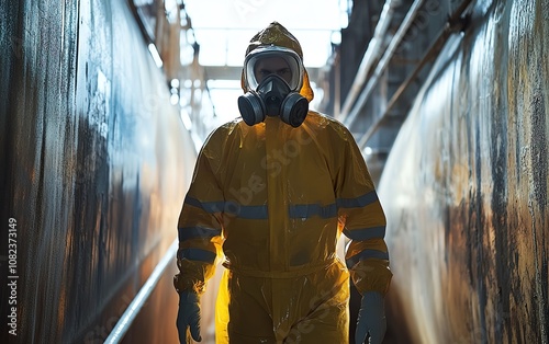 Industrial worker entering a tank while fully equipped in protective gear photo