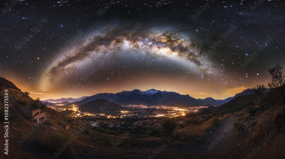 Fototapeta premium Captivating Night Sky Over Cityscape: Milky Way Arching Over Illuminated Valleys and Mountains in Serene Wilderness and Urban Harmony