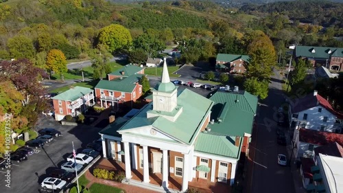 Pull-back drone footage of Botetourt County Circuit Clerk in Fincastle town, Botetourt, VA, USA photo