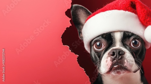 Happy dog wearing Santa Claus hat in Christmas festive photo