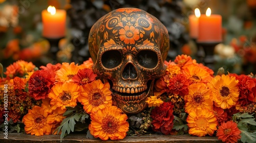 Decorated skull resting on vibrant orange flowers for day of the dead celebration