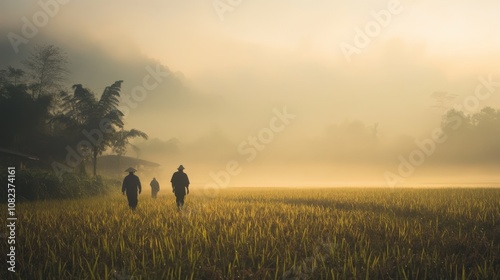 Silhouettes of Farmers Walking in Foggy Rice Field