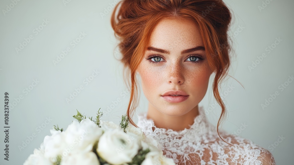A serene bride with red hair holds a bouquet of white roses, appearing calm and beautifully composed, reflecting timeless beauty and bridal grace. A serene bride with red hair holds a bouquet of white roses, appearing calm and beautifully composed, reflecting timeless beauty and bridal grace.