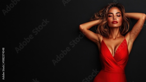A poised woman in a stunning red dress strikes a pose, embodying confidence and allure. The image highlights vivid color against a stark black backdrop.