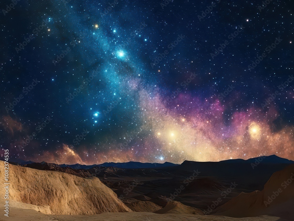 Obraz premium majestic night sky on an alien planet, vivid star clusters, glowing nebulae, mysterious hues, otherworldly landscape below, intriguing and awe-inspiring cosmic view
