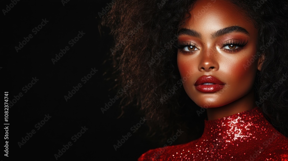 A dazzling portrait emphasizing glamorous sequin attire and voluminous curls, capturing a confident woman in a vibrant red ensemble against an elegant atmosphere. A dazzling portrait emphasizing glamorous sequin attire and voluminous curls, capturing a confident woman in a vibrant red ensemble against an elegant atmosphere.