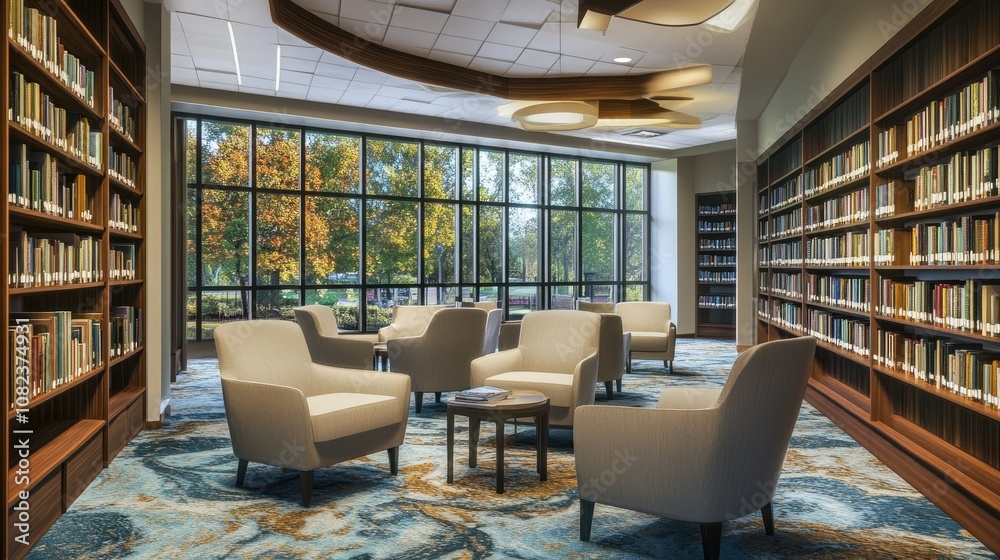 Modern Library Interior with Cozy Seating Areas and Large Windows Overlooking Autumn Landscape, Inviting Space for Reading and Studying, Ideal for Learning Environments Modern Library Interior with Cozy Seating Areas and Large Windows Overlooking Autumn Landscape, Inviting Space for Reading and Studying, Ideal for Learning Environments