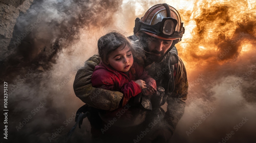 Obraz premium Firefighter Rescues Child Amidst Smoke and Flames
