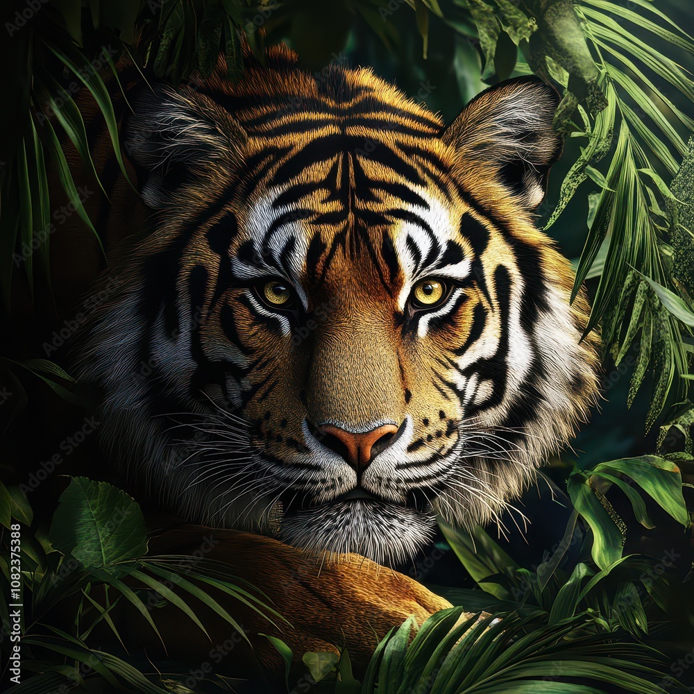 A majestic tiger gazes intently from within lush, green foliage, showcasing its striking orange and black stripes against a natural backdrop. A majestic tiger gazes intently from within lush, green foliage, showcasing its striking orange and black stripes against a natural backdrop.
