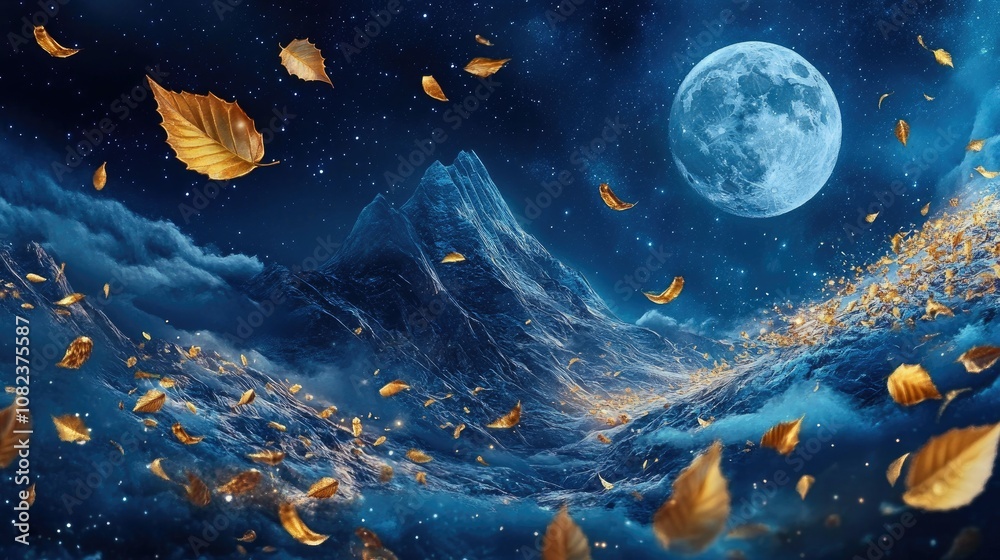 Enchanted Night Scene with Full Moon Over Majestic Mountains Surrounded by Golden Leaves in a Mystical Blue Sky Full of Stars and Clouds Enchanted Night Scene with Full Moon Over Majestic Mountains Surrounded by Golden Leaves in a Mystical Blue Sky Full of Stars and Clouds