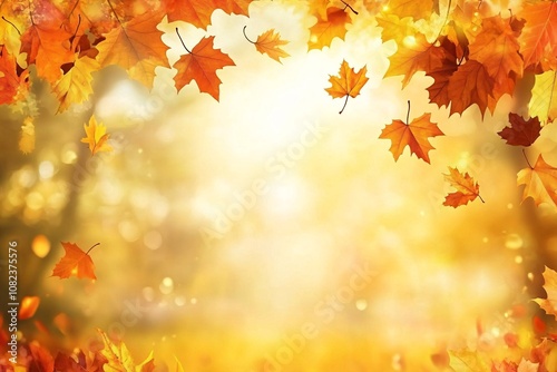 Warm sunrays gently lighting up autumn-colored leaves, enchanted forest with golden hues, peaceful and magical, medium close-up of leaves and trees 6