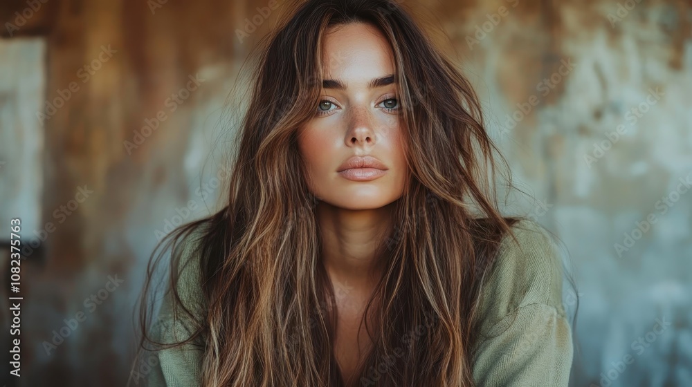This image presents a captivating gaze of a woman with green eyes and tousled hair, exuding natural beauty, confidence, and a sense of contemporary allure. This image presents a captivating gaze of a woman with green eyes and tousled hair, exuding natural beauty, confidence, and a sense of contemporary allure.