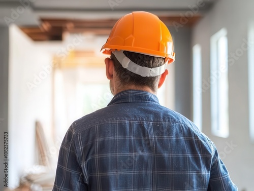 man in a hard hat, viewed from the back, diligently working inside a house undergoing renovation, highlighting the process of construction and transformation