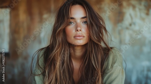 This image presents a captivating gaze of a woman with green eyes and tousled hair, exuding natural beauty, confidence, and a sense of contemporary allure.