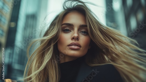 A striking close-up of a woman with flowing hair set against a blurred urban backdrop, highlighting her flawless features and calm demeanor in the city.